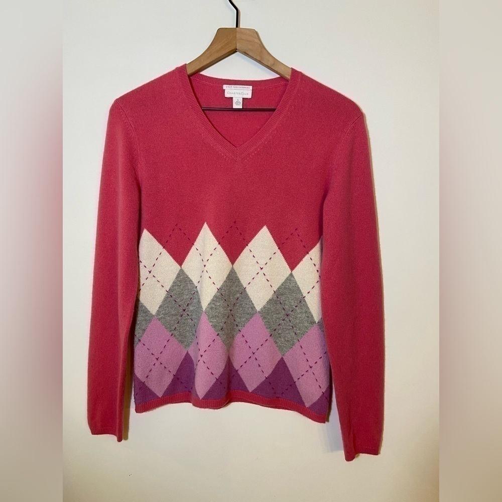 CHARTER Club 2 Ply 100% Cashmere Pink Sweater Women Size S Argyle Pattern V Neck